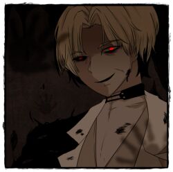 Rule 34 | 1boy, black sclera, blonde hair, border, brown background, coat, colored sclera, commentary request, handprint, lab coat, looking at viewer, male focus, mismatched sclera, open mouth, parted bangs, pochiko (poteko), ragnarok online, red eyes, short hair, smile, solo, upper body, white border, white coat, wolfchev
