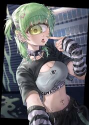 1girl absurdres arm_warmers artist_name azen_(mntimcczgrtn) blurry blurry_background bracelet breasts cleavage collar cyclops ear_piercing face_piercing green_eyes green_hair green_nails hair_ornament hand_up highres jewelry long_hair medium_breasts midriff monster_girl navel navel_piercing one-eyed original piercing punk short_sleeves solo spiked_collar spikes standing star_(symbol) star_hair_ornament tongue tongue_out tongue_piercing x_hair_ornament