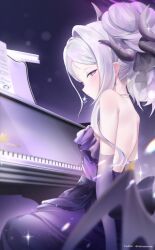 1girl bare_shoulders blue_archive blurry blush bokeh breasts closed_mouth commentary depth_of_field dress earrings frown gloves hair_intakes halo highres hina_(blue_archive) hina_(dress)_(blue_archive) horns instrument jewelry looking_at_viewer narusama necklace pearl_necklace piano ponytail purple_background purple_dress purple_eyes purple_gloves purple_halo sheet_music sitting solo sparkle spine twitter_username white_hair wings