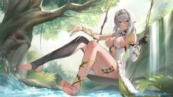 1girl absurdres anklet bare_shoulders barefoot black_gloves black_thighhighs bracelet branch breasts cleavage commentary_request criss-cross_halter dark-skinned_female dark_skin dress elbow_gloves feet flower forest gloves gold_thighlet green_eyes grey_hair hair_between_eyes hair_flower hair_ornament halterneck highres jewelry knees_up large_breasts last_popsicle legs looking_ahead nature nita_(snowbreak) nita_-_pulse_(sylvan_spirit) official_alternate_costume on_swing plant pointy_ears pond single_elbow_glove single_thighhigh sitting smile snowbreak:_containment_zone soaking_feet soles solo splashing stirrup_legwear swing thighhighs thighlet toeless_legwear toes tree vines water wet white_dress