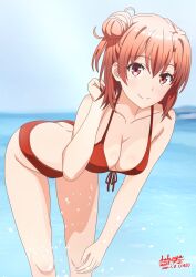 1girl anime_coloring bare_shoulders bench bikini blue_sky breasts cleavage collarbone commentary_request dated hair_bun large_breasts looking_at_viewer ocean orange_eyes orange_hair outdoors red_bikini sakayaya short_hair single_side_bun sky smile solo swimsuit wet yahari_ore_no_seishun_lovecome_wa_machigatteiru. yuigahama_yui