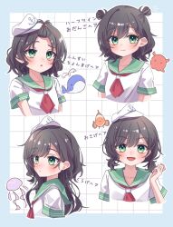 1girl alternate_hair_length alternate_hairstyle anchor_symbol black_hair blue_border border clownfish collared_shirt fish green_eyes grid_background hat highres jellyfish long_hair low_twintails multiple_views murasa_minamitsu neckerchief no_headwear red_neckerchief sailor_hat shirt short_hair short_sleeves short_twintails smile solo topknot touhou twintails two_side_up upper_body whale white_hat white_shirt ww333v