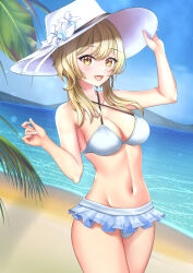 1girl :d arm_up beach bikini blonde_hair blue_bikini blue_sky breasts cleavage commentary cowboy_shot day dealesis english_commentary flower genshin_impact hand_on_headwear hat hat_flower highres horizon long_hair lumine_(genshin_impact) medium_breasts navel ocean open_mouth outdoors palm_tree revision sky smile solo swimsuit tree white_flower white_hat yellow_eyes