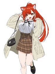 1girl ahoge animal_ear_fluff animal_ears bag black_bag boots breasts cardigan dress ear_piercing foot_out_of_frame high-waist_skirt highres large_breasts long_hair marugayotsu nijisanji open_cardigan open_clothes orange_eyes orange_hair piercing plaid_clothes plaid_dress ratna_petit ratna_petit_(4th_costume) red_panda_ears red_panda_girl shirt shoulder_bag skirt smile standing standing_on_one_leg sweater tented_shirt virtual_youtuber white_background white_shirt