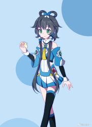 Rule 34 | 1girl, asymmetrical legwear, bare shoulders, black socks, black thighhighs, chinese commentary, closed mouth, detached sleeves, food, green eyes, grey hair, hair ornament, hair rings, highres, holding, holding food, long hair, luo tianyi, luo tianyi v3, pleated skirt, pointzhu, short hair with long locks, sidelocks, simple background, single sock, single thighhigh, skirt, socks, solo, standing, steamed bun, thighhighs, uneven legwear, vocaloid, vsinger (vocaloid), watermark, weibo username, weibo watermark