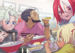 2boys 2girls alcohol beard beer belafu belafu_(human) black_hair blonde_hair blue_eyes brown_eyes child chinstrap_beard chopsticks commentary_request contemporary cup dark-skinned_female dark_skin drinking drinking_glass facial_hair food fork hair_between_eyes half-closed_eyes holding holding_chopsticks holding_cup holding_spoon irumyuui looking_at_another made_in_abyss makizushi multicolored_hair multiple_boys multiple_girls noodles pink_shirt ramen red_eyes red_hair restaurant sabuko_(pooooo) scar scar_on_face shirt spoon steam sushi two-tone_hair vueko watch wazukyan_(human) white_hair wristwatch yellow_shirt