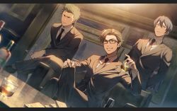 3boys ace_of_diamond alcohol black_hair black_jacket black_pants black_suit blue_eyes brown_eyes brown_hair closed_mouth cup formal_clothes furuya_satoru glasses highres holding holding_cup jacket kuramochi_youichi crossed_legs mafia male_focus miyuki_kazuya multiple_boys necktie pants sato_(sato_1_11) serious short_hair sideburns sitting smile standing suit teeth