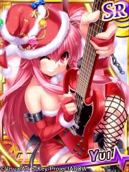 10s 1girl alternate_costume angel_beats! bridal_gauntlets chain copyright_notice elbow_gloves female_focus fishnet_thighhighs fishnets foreshortening gloves grin guitar hat instrument long_hair one_eye_closed pink_eyes pink_hair red_hat santa_costume santa_hat smile solo thighhighs twintails two_side_up yui_(angel_beats!) zen
