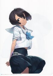 1girl absurdres arms_behind_back belt belt_buckle belt_pouch blue_bow bow brown_eyes brown_hair buckle chest_bow chuo_tanegashima_high_school_uniform clothes_lift crop_top daitoku_junna dark-skinned_female dark_skin dynamic_pose from_side fukuda_tomonori grey_belt grey_eyes head_tilt highres looking_at_viewer midriff midriff_peek non-web_source official_art pouch robotics;notes sailor_collar school_uniform serafuku shirt short_hair short_sleeves simple_background skirt skirt_lift smile solo summer_uniform tablet_pc tan thighs wavy_hair white_background white_sailor_collar white_shirt wind wind_lift
