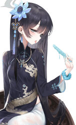 Rule 34 | 1girl, alternate costume, alternate hairstyle, ao dai, black dress, black hair, blue archive, blue nails, blush, breasts, butterfly hair ornament, chair, commentary request, crystal earrings, cushion, dishwasher1910, dragon print, dress, earrings, fellatio, flower, food, grey eyes, grey halo, hair flower, hair ornament, halo, highres, holding, holding food, holding popsicle, jewelry, kisaki (blue archive), long hair, long skirt, long sleeves, looking at viewer, melting popsicle, midriff peek, oral, pink flower, popsicle, print dress, saliva, saliva trail, sexually suggestive, shoes, simulated fellatio, sitting, skirt, small breasts, solo, tongue, tongue out, vietnamese clothes, white skirt