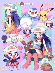1girl :d animal_ears arm_support bag beanie black_shirt black_socks blue_eyes blue_hair blush boots chibi commentary_request creatures_(company) dawn_(pokemon) duffel_bag eyelashes game_freak gatcha8169 gen_1_pokemon gen_2_pokemon gen_4_pokemon grass great_ball hair_ornament hairclip hat heart highres kneehighs long_hair multiple_views nintendo on_lap open_mouth pachirisu pikachu pink_boots pink_skirt piplup poke_ball poke_ball_(basic) poke_ball_print pokemon pokemon_(creature) pokemon_dppt pokemon_on_lap pokemon_platinum pokemon_tail poketch red_scarf scarf shirt sitting skirt sleeveless sleeveless_shirt smile socks sparkle swinub tail togepi watch white_headwear wristwatch yellow_bag
