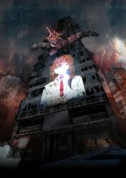 1girl absurdres akihabara_(tokyo) breasts brown_hair building cloud cloudy_sky coat collared_shirt crack destruction fg204 game_cg grey_sky hair_between_eyes highres hologram huke lab_coat lapels makise_kurisu makise_kurisu_(amadeus) necktie non-web_source notched_lapels official_art purple_eyes red_necktie ringed_eyes rubble ruins shirt sky skyscraper small_breasts solo square_pupils steins;gate steins;gate_0 tower white_coat white_shirt