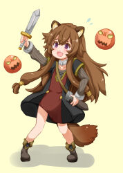 1girl 2others alternate_eye_color animal_ears arm_up balloon_(tate_no_yuusha_no_nariagari) black_dress blush bow brown_bow brown_hair child collar collarbone commentary_request dagger dress flying_sweatdrops full_body grey_dress hair_between_eyes holding holding_dagger holding_knife holding_weapon knife knife_sheath long_hair long_sleeves looking_ahead messy_hair metal_collar metal_hair_tubes metal_wrist_cuffs multiple_others open_mouth partial_commentary purple_eyes raccoon_ears raccoon_girl raccoon_tail raphtalia red_dress sheath short_dress short_sleeves simple_background solo_focus striped_clothes striped_dress tail tate_no_yuusha_no_nariagari tearing_up teeth tomoe_takenari unsheathed upper_teeth_only vertical-striped_clothes vertical-striped_dress weapon yellow_background