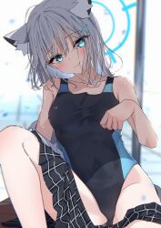 1girl alternate_costume animal_ear_fluff animal_ears bare_arms bare_shoulders black_one-piece_swimsuit black_skirt blue_archive blue_eyes blue_halo blush breasts closed_mouth cross_hair_ornament extra_ears hair_between_eyes hair_ornament halo highres kazu_(kauk3753) looking_at_viewer medium_hair one-piece_swimsuit shiroko_(blue_archive) shiroko_(swimsuit)_(blue_archive) shirt skirt small_breasts solo swimsuit white_shirt wolf_ears wolf_girl
