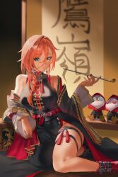 1girl absurdres aragiken black_dress black_jacket blue_eyes braid braided_ponytail china_dress chinese_clothes dress earrings hair_between_eyes highres holding holding_smoking_pipe hololive indoors jacket jewelry long_hair long_hair_between_eyes looking_at_viewer lui-tomo off_shoulder official_alternate_costume official_alternate_hairstyle pink_hair side_slit sitting sleeveless sleeveless_dress smoking_pipe solo takane_lui takane_lui_(5th_costume) tassel tassel_earrings thigh_strap virtual_youtuber wide_sleeves yokozuwari
