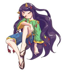 1girl alphes_(style) blue_shorts blush commentary_request cone_horns dairi flip-flops full_body green_shirt horn_ornament horn_ribbon horns large_variant_set long_hair long_sleeves nippaku_zanmu parody purple_hair ribbon sandals shirt shorts solo style_parody tachi-e tears touhou transparent_background variant_set wide_sleeves yellow_horns