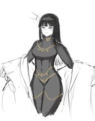 Rule 34 | 1girl, abs, black hair, bodysuit, breasts, cesara (project moon), coat, hime cut, limbus company, limited palette, looking at viewer, project moon, sketch, smile, thighs