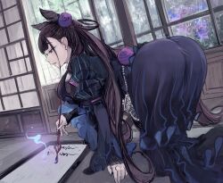 1girl absurdres all_fours ass black_dress blue_eyes brown_hair calligraphy_brush cone_hair_bun dress ebichannoshippo fate/grand_order fate_(series) hair_bun highres juliet_sleeves long_hair long_sleeves murasaki_shikibu_(fate) paintbrush puffy_sleeves window writing