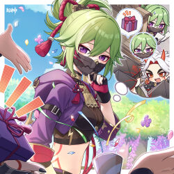 1boy 1girl 3others absurdres arataki_itto black_gloves black_mask black_nails blue_sky box breasts chibi cloud cropped_jacket genshin_impact gift gift_box gloves green_hair highres hood hood_down kuki_shinobu looking_at_viewer mask midriff mouth_mask multiple_others ninja_mask official_art partially_fingerless_gloves pink_gloves ponytail purple_eyes sky solo_focus stomach two-tone_gloves