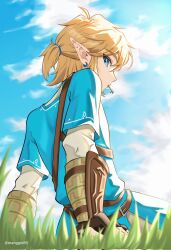 1boy arm_support artist_name belt blonde_hair blue_eyes blue_sky blue_tunic bracer brown_belt champion&#039;s_tunic_(zelda) day earrings hair_tie hashtag-only_commentary highres jewelry layered_sleeves link long_sleeves looking_at_viewer male_focus manggwi55 nintendo on_grass outdoors pointy_ears ponytail short_hair short_over_long_sleeves short_ponytail short_sleeves sitting sky solo the_legend_of_zelda the_legend_of_zelda:_breath_of_the_wild tunic twitter_username