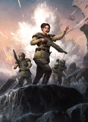 1girl 2boys antennae armor astra_militarum bulletproof_vest combat_helmet darren_tan field_radio gun hair_bun headset helmet highres holding holding_gun holding_weapon index_finger_raised lasgun military_combat_uniform military_uniform multiple_boys official_art pointing rock shoulder_armor single_hair_bun warhammer_40k weapon