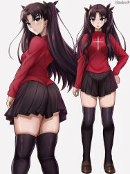 1girl :d absurdres ass black_hair black_skirt black_thighhighs blue_eyes breasts brown_shoes cross cross_print fate/stay_night fate_(series) from_behind full_body hair_ribbon hand_on_own_hip highres long_hair looking_at_viewer looking_back medium_breasts miniskirt multiple_views open_mouth pano_(999pano999) print_sweater red_sweater ribbon shoes simple_background skindentation skirt smile standing sweater thighhighs thighs tohsaka_rin turtleneck turtleneck_sweater two_side_up very_long_hair zettai_ryouiki