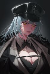 1girl absurdres black_coat black_hat blue_hair breasts chest_strap cleavage cleavage_cutout clothing_cutout coat collar commission eyelashes fangs fur-trimmed_coat fur_trim grey_collar hat highres indie_virtual_youtuber long_hair milkie_(vtuber) parted_lips peaked_cap pluvio solo upper_body virtual_youtuber yellow_eyes