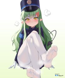 Rule 34 | 1girl, absurdres, anger vein, armband, artist name, blue archive, blue armband, blue hat, blue jacket, cameltoe, closed mouth, crossed ankles, demon tail, earrings, feet, foot focus, gloves, gradient background, green background, green hair, hand rest, hat, head steam, highres, hikari (blue archive), jacket, jewelry, long hair, long sleeves, nisp art, pantyhose, peaked cap, pointy ears, pout, shaded face, sitting, solo, steam, steaming body, swept bangs, tail, train conductor, watermark, white background, white gloves, white pantyhose, yellow eyes