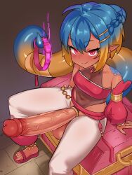 1futa ahoge blonde_hair blue_hair blue_tail breasts closed_mouth collar commentary commission covered_navel dark-skinned_female dark_skin detached_sleeves english_commentary from_above futanari hair_between_eyes highres holding holding_collar huge_penis huge_testicles long_sleeves looking_at_viewer multicolored_hair original pants penis pointy_ears red_eyes sandals sirachi sitting small_breasts smile solo testicles treasure_chest two-tone_hair two-tone_tail uncensored veins veiny_penis white_pants yellow_tail