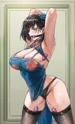 1girl absurdres azur_lane bare_hips bare_shoulders bingtang_xueli black_hair black_panties black_thighhighs blue_dress blue_flower breasts chien_wu_(azur_lane) chien_wu_(dressed_for_just_tonight)_(azur_lane) china_dress chinese_clothes cleavage dress evening_gown floral_print flower highres lace lace-trimmed_thighhighs lace_trim large_breasts medium_hair official_alternate_costume panties red_eyes red_flower remote_control_vibrator sex_toy solo thighhighs underwear vibrator vibrator_under_clothes
