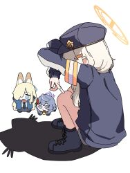 3girls ako_(blue_archive) animal_ear_fluff animal_ears aoba_(blue_archive) armband bell black_shoes blonde_hair blue_archive blue_eyes blue_hair blue_halo cat_shadow_puppet_(meme) chibi dog_ears halo highres kanna_(blue_archive) meme multiple_girls necktie police police_uniform policewoman ribbon shadow_play shoes white_background yellow_halo