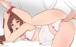1boy 1girl ass avatar:_the_last_airbender avatar_legends bare_legs bikini bikini_bottom_aside bikini_skirt braid braided_ponytail brown_eyes brown_hair clothing_aside disembodied_penis hetero leg_up lit_silium lying on_side penis pussy sex swimsuit ty_lee vaginal white_bikini