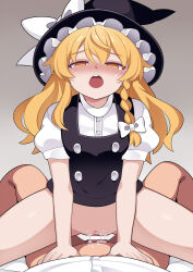 1boy 1girl blonde_hair blush empty_eyes hammer_(sunset_beach) hat kirisame_marisa looking_at_viewer open_mouth sex shirt touhou white_shirt witch_hat