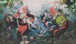 Rule 34 | 2boys, 2girls, chair, couch, highres, hood, inu totemo, lake, lying, multiple boys, multiple girls, original, sitting, suitcase, thighhighs, water