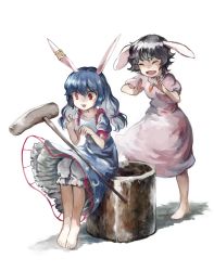 2girls animal_ears barefoot black_hair bloomers blue_dress blue_hair carrot_necklace closed_eyes commentary_request dress earclip inaba_tewi jewelry kine kukkuru low_twintails mallet multiple_girls necklace open_mouth pink_dress puffy_short_sleeves puffy_sleeves rabbit_ears rabbit_tail red_eyes seiran_(touhou) short_hair short_sleeves simple_background sitting smile surprised tail touhou twintails underwear white_background