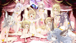 6+girls ahoge andira_(granblue_fantasy) anila_(granblue_fantasy) animal_ear_fluff animal_ears armpits arms_up ass bikini blonde_hair breasts brown_eyes brown_hair butt_crack claw_pose crescent_moon danua ferry_(granblue_fantasy) flower gold_bikini granblue_fantasy grey_hair groin hair_flower hair_ornament highres horns kneeling kuroneko_no_toorimichi legs long_hair lying mahira_(granblue_fantasy) moon multiple_girls navel on_side one_eye_closed open_clothes open_mouth pholia pink_eyes pointy_ears ponytail sen_(granblue_fantasy) short_hair side-tie_bikini_bottom sitting small_breasts smile spread_legs stomach swimsuit thighs untied_bikini vajra_(granblue_fantasy) very_long_hair vikala_(granblue_fantasy) white_hair
