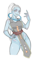 arm_up blue_halo blue_lips blue_skin blush body_blush bottomless breasts colored_skin cowboy_shot dragon_ball dragon_ball_super elbow_blush halo hand_blush hand_on_own_hip jago_dibuja large_breasts lipstick long_hair looking_at_viewer makeup no_panties no_pants pelvic_curtain ponytail purple_eyes pussy_blush shoulder_blush sideboob simple_background sleeveless smile vados_(dragon_ball) white_background white_hair