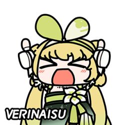 Rule 34 | &gt; &lt;, 1girl, blonde hair, chibi, chibi only, commentary, double thumbs up, dress, english commentary, facing viewer, fingerless gloves, gloves, green dress, hairband, long hair, lowres, official art, open mouth, second-party source, seseren, simple background, solo, tacet mark (wuthering waves), thumbs up, upper body, verina (wuthering waves), white background, white gloves, wuthering waves