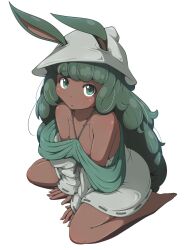 Rule 34 | 1girl, animal ears, barefoot, blush, commentary, dark-skinned female, dark skin, dress, druid rabbit, ears through headwear, expressionless, full body, green eyes, green hair, grey dress, grey hat, hanoyama, hat, highres, long hair, looking at viewer, off-shoulder dress, off shoulder, open mouth, rabbit and steel, rabbit ears, rabbit girl, seiza, simple background, sitting, solo, white background
