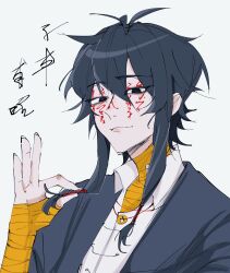 1boy absurdres antenna_hair bandaged_arm bandaged_neck bandages black_eyes black_hair black_jacket chinese_commentary closed_mouth coin coin_on_string collared_shirt commentary_request facepaint hair_between_eyes highres holding holding_own_hair holed_coin jacket low-tied_sidelocks male_focus mole mole_under_eye open_clothes open_collar open_jacket shirt short_hair_with_long_locks sidelocks simple_background smile solo touqi_guaitan upper_body variant_set white_background white_shirt wumingshi75004 ziche_fuzhao