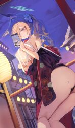 1girl absurdres alternate_costume alternate_hairstyle animal_ears ass black_kimono black_panties blonde_hair blue_archive blue_eyes blue_halo breasts bunny_kitsune closed_mouth commentary_request dog_ears dog_girl extra_ears floral_print floral_print_kimono floral_print_sleeves hair_ornament hair_over_one_eye halo highres holding holding_phone huge_ass japanese_clothes kanna_(blue_archive) kimono lantern large_breasts long_hair mole mole_on_ass panties paper_lantern phone print_kimono sarashi solo thighs underwear undone_sarashi wide_sleeves