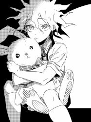 1boy aged_down bow bowtie child collared_shirt danganronpa_(series) danganronpa_2:_goodbye_despair feet_out_of_frame greyscale hugging_object kirigiri_kyoko kneehighs messy_hair monochrome neck_ribbon ribbon shirt short_sleeves socks solo stuffed_animal stuffed_rabbit stuffed_toy uurin white_background
