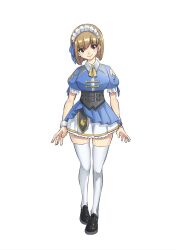 Rule 34 | 1girl, black corset, black shoes, blue ribbon, blue shirt, bob cut, brown eyes, brown hair, corset, fairy tail, fairy tail logo, full body, hair ribbon, highres, looking at viewer, maid headdress, mashima hiro, neck ribbon, ribbon, shirt, shoes, short hair, short sleeves, simple background, skirt, solo, thighhighs, white background, white skirt, white thighhighs, yellow ribbon