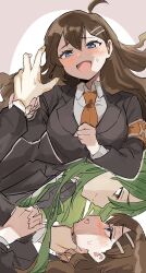 1boy 1girl assertive_female blue_eyes blush breasts brown_hair flirting flustered formal_clothes green_eyes green_hair guiding_hand half-closed_eyes hand_on_another&#039;s_chin highres hod_(project_moon) large_breasts lobotomy_corporation long_hair looking_at_another lying necktie netzach_(project_moon) open_mouth pov project_moon smile suit sweatdrop