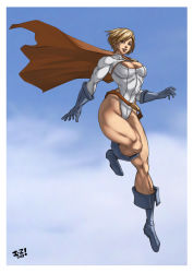1girl alien belt blonde_hair blue_boots blue_eyes boots breasts cape cleavage cleavage_cutout clothing_cutout dc_comics female_focus flying gloves highres irving-zero kryptonian large_breasts leotard muscular muscular_female power_girl red_cape short_hair sleeved_leotard smile solo superhero_costume superman_(series) thick_thighs thighs toned toned_female