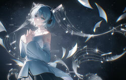 1girl absurdres alternate_hairstyle aqua_eyes aqua_hair aqua_nails closed_mouth commentary detached_sleeves english_commentary flying_paper hatsune_miku headphones highres kanvien long_sleeves looking_at_viewer musical_note nail_polish own_hands_together paper shirt short_hair sky sleeveless sleeveless_shirt solo star_(sky) starry_sky steepled_fingers vocaloid white_shirt