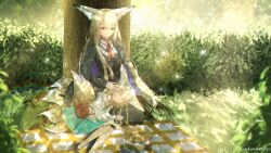 Rule 34 | 2girls, absurdres, animal ears, arknights, black jacket, blonde hair, blue hairband, blue skirt, blush, cardigan, closed mouth, commentary, english commentary, flyshadow, fox ears, fox girl, fox tail, frilled hairband, frills, grey cardigan, hairband, highres, jacket, kitsune, kyuubi, lap pillow, light particles, long hair, long sleeves, mother and daughter, multiple girls, multiple tails, neck ribbon, necktie, official alternate costume, orange eyes, outdoors, red necktie, red ribbon, ribbon, skirt, suzuran (arknights), suzuran (spring praise) (arknights), tail, vulpisfoglia (arknights)
