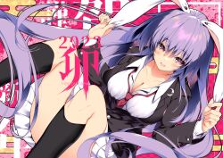 1girl 2023 animal_ears black_jacket black_socks blazer blush breasts chinese_zodiac cleavage collarbone collared_shirt egasumi hair_between_eyes happy_new_year highres jacket japanese_text kneehighs large_breasts long_hair long_sleeves neckerchief new_year open_mouth pleated_skirt purple_hair rabbit_ears red_eyes red_neckerchief reisen_udongein_inaba sakurame shirt skirt smile socks solo touhou white_shirt white_skirt year_of_the_rabbit