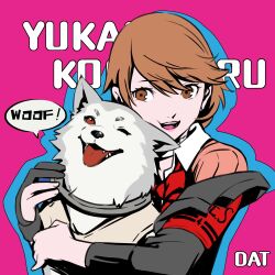 Rule 34 | 1boy, 1girl, animal, armband, black jacket, bow, bowtie, brown hair, cardigan, cardigan under jacket, cheek press, collared shirt, da-cart, dog, english text, gekkoukan high school uniform, grey dog, hair between eyes, highres, jacket, koromaru (persona), looking at viewer, loose bowtie, one eye closed, open mouth, persona, persona 3, persona 3 reload, pink background, pink cardigan, pink lips, red armband, red bow, red bowtie, red eyes, s.e.e.s, school uniform, shiba inu, shirt, short hair, swept bangs, takeba yukari, teeth, tongue, tongue out, two-tone background, upper body, upper teeth only