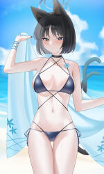 1girl absurdres animal_ears beach bikini black_eyes black_halo blue_archive blue_sky blush cat_ears cat_tail closed_mouth cloud day gfpebs halo highres kikyou_(blue_archive) kikyou_(swimsuit)_(blue_archive) looking_at_viewer multiple_tails navel ocean official_alternate_costume outdoors side-tie_bikini_bottom sky swimsuit tail